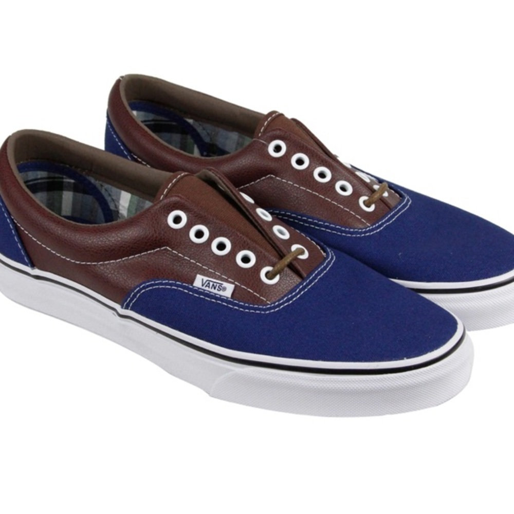 VANS Era Skate Trainers. Potting Brown Leather & Blue Canvas SZ 8.5 Men/10 Women